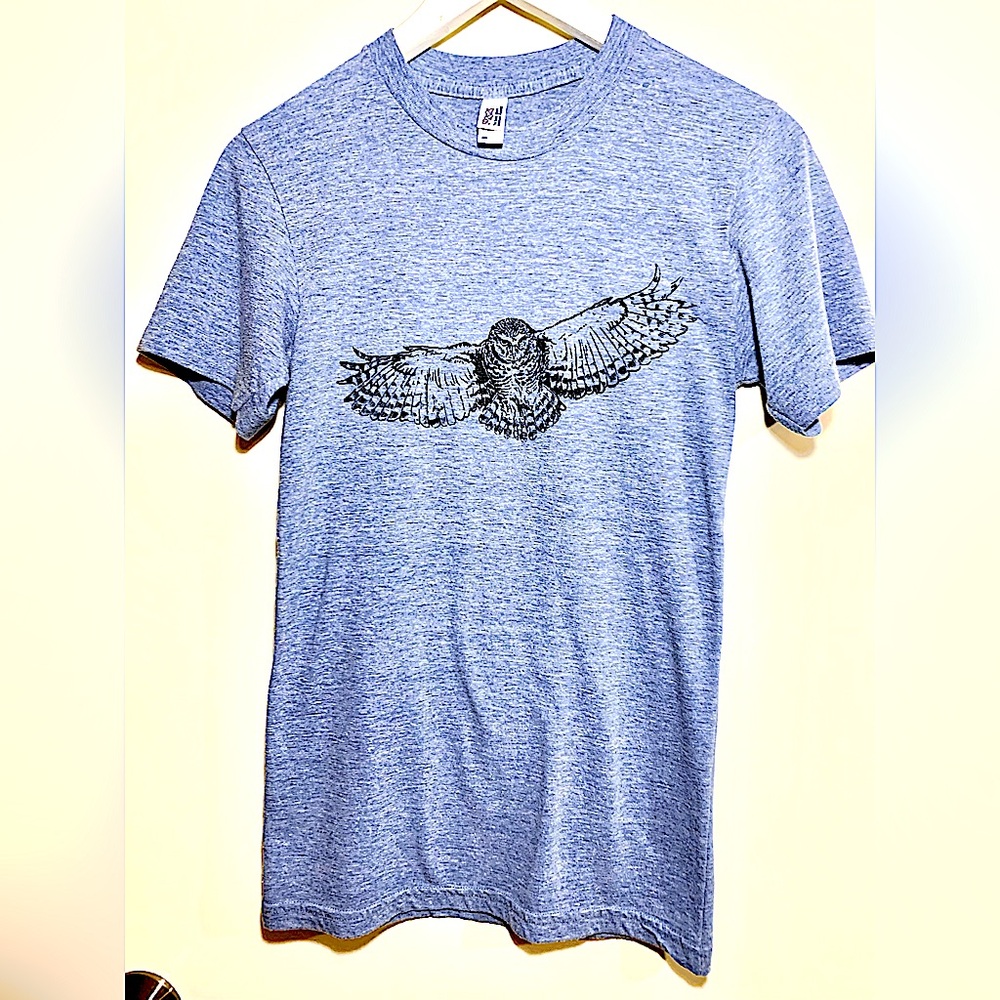 American Apparel light blue XS cotton t-shirt with black owl print.